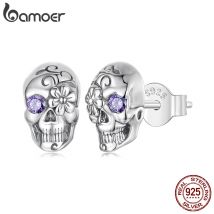 Bamoer Gothic-Schädel-Ohrring für Männer und Frauen, 925er Sterlingsilber, Totenkopf-Skelett-Ohrstecker für Halloween-Party-Schmuck