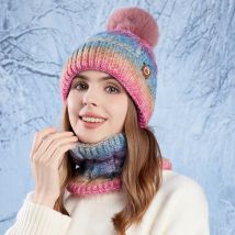 Winter Women Gradient Color Knitted Hat Scarf Set Thickened Fleece Lining Skullcap Outdoor Cycling Wind Protection Beanies Cap