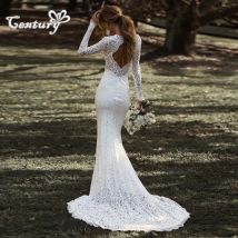 Meerjungfrau Boho Hochzeit Kleid Frauen Langarm V-ausschnitt Backless Spitze Böhmischen Braut
