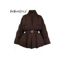 TWOTWINSTYLE Solide Gespleißt Gürtel Lose Jacken für Frauen V-ausschnitt Langarm Temperament Parkas Weibliche Mode Stil