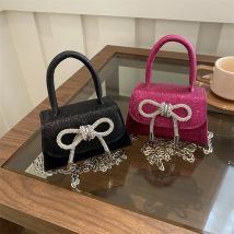 1 Stück PU-Leder glitzernde kleine quadratische Handtasche mit abnehmbarem Kettenriemen und Schleifen-Design, modische Damen-Umhängetasche