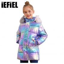 Kinder Mädchen Wattierte Jacke mit Metallic-Kapuze, lässig, warm, glänzend, Oberbekleidung, Stehkragen, lange Ärmel, Reißverschlussmantel