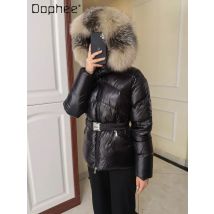 Glänzende Daunen mäntel Kapuze kurze Jacke Frauen Fuchs Pelz Kragen Gürtel schlanke Outdoor Parka Reiß verschluss taschen dicken warmen 2024 Winter