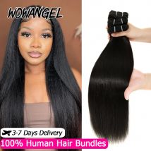 WOWANGEL Light Yaki Straight Human Hair Bundles Bouncy Fluffy Kinky Straight Virgin Hair Extensions Natural Black Double Weft