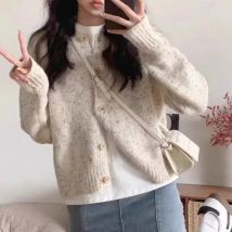 Herbst Winter Damen bekleidung einfarbig Knopf Langarm Schrauben faden Strickjacke Pullover gestrickt lässig Mode Vintage Tops