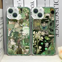 Grüne Retro-Blumen-Aufkleber-Handyhülle für iPhone 16 11 12 13 Pro Max Mini 7 8 16 Plus SE20 X XS XR Soft TPU Clear Covers Fundas