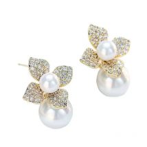 Shiny Imitation Pearl Flower Dangle Stud Earrings for Women Fashion Copper Cubic Zirconia Gold Color Bridal Wedding Jewelry