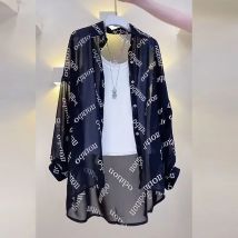 Frauen Brief druck sexy dünne schiere Knopf oben Hemd Sommer Mode Sonnencreme übergroße Bluse lässig Langarm Streetwear Tops