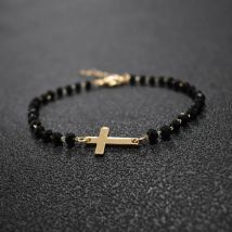 2020 Neues Design, seitliches Kreuz-Armband im Rosenkranz-Stil, schwarze Perlen, goldfarbene Kettenarmbänder für Frauen und Mädchen