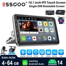 Uniwersalne Radio Samochodowe ESSGOO Android14 10.1" 4+64 GB Obrotowy Ekran Dotykowy 360° 1 DIN Bezprzewodowy CarPlay Android Auto Bluetooth Nawigacja GPS RDS WiFi Mikrofalowy Equalizer FM Obsługa z