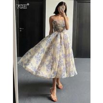 VGH Sommer Druck Lange Kleider Für Frauen Quadrat Kragen Ärmellose Hohe Taille Verstärktes Geraffte Süße Leibchen Kleid Weibliche 2024 Neue