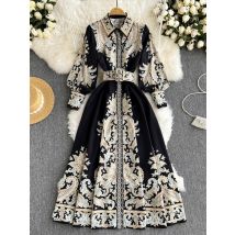 Retro bedrucktes Party kleid Frauen Polo kragen Langarm elegante lange Kleider Frühling Herbst Französisch Einreiher Hemd Kleid