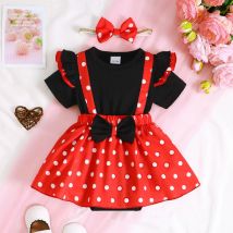 Cute 1-18 Months Infant Red&Black Polka Dot Romper Dress Fly Sleeve Summer Desses with Headband Newborn Baby Girl 2PCS Outfits