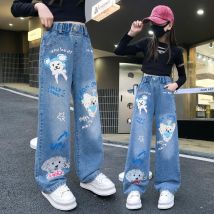 Jeans für Mädchen 2024, neue Mode, Cartoon-Druck, lange Denim-Hose, Teenager, Kinder, niedliches Hundemuster, weites Bein, Hose 5, 7, 9, 11, 13, 14 Jahre