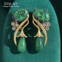 Antiker Schmuck, Moosgrüner Naturstein, lange Wassertropfen-Ohrringe, Blumen-Strasssteine, Vintage-Luxus für Frauen, Neuankömmling 2025,