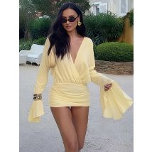 Seltsame Puss Patchwork Schärpen Kleid Frauen Geraffte Elegante Dünne Flare Hülse Kreuz v-ausschnitt Solide Unregelmäßige Einfache Trend Mini Bodycon