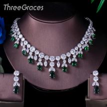 ThreeGraces Luxus Grün CZ Stein Ohrringe Halskette Set Brillante Große Lange Tropfen Hochzeit Braut Kleid Schmuck Set für Frauen JS256