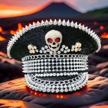 HongLuan Luxuriöser schwarzer Steampunk-Kapitänshut mit Strasssteinen für Burning Man Festival Woman, Militärzubehör und Halloween-Kostüme