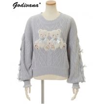 Mine Style Autumn and Winter Classic Cartoon Bear Sweater Lady Girls Sweet Round Neck Loose Sweater Japanese Liz Knit Tops