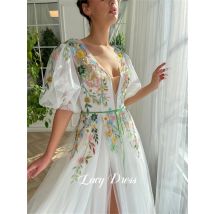 Lucy Brautkleider, Hochzeit, Party, Linie A, Blumenstickerei, Stoff, luxuriöse Abendkleider, elegante Damen 2024, individuell gestaltet