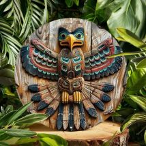 Retro-Blechkunst, lebendige indianische Totempole, runde Aluminium-Wandkunst – wasserfestes High-Definition-Metallschild