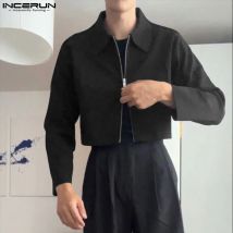 INCERUN Tops 2025 American Style Fashion New Men Solid Cropped Zipper Jackets Casual Well Fitting Male Long Sleeved Jackets Coat