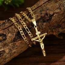Stainless Steel Jesus Cross Necklace Catholicism Crucifix Pendant Gold Color Collar Church Prayer Faith Jewelry for Women Gift