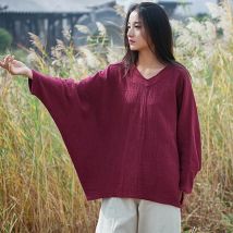 Übergroße Frauen Baumwolle Leinen T-shirts Neue 2025, Frühling Vintage Stil V-ausschnitt Batwing Hülse Lose Weibliche Casual Tops Tees M610