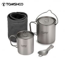Tomshoo 3 PCS Titanium Cookware Set Ultralight 750ml Pot 450ml Water Cup Mug w Lid Folding Spork for