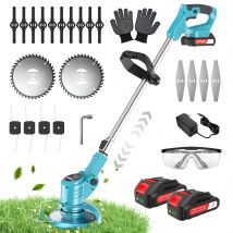 X-COTEC decespugliatore elettrico, tosaerba ricaricabile a batteria da 21V con 2 batterie da 15.000 mAh, barra di guida retrattile  con due tipi di lame e protezioni per prati, giardini e patii