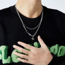 Schwarze Stern-Charm-Halskette für Mann und Frau, Edelstahl-Schmuck, doppelte Gliederkette, stapelbares Halsband, Geburtstag, Weihnachten, Geschenk