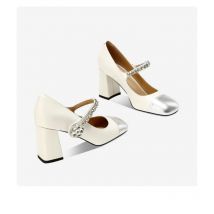 2025 autumn new leather sweet shallow mouth square head diamond chunky heels Mary Jane  high heels pumps fashion women's shoes