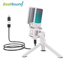 Zealsound USB-Kondensator-Aufnahmemikrofon, weißes RGB-Streaming-Mikrofon für PC und Mac mit Android-Telefonadapter, Kopfhörerausgang