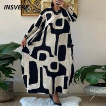Vintage Print Maxi kleider für Frauen lässig o Hals Langarm lose Party kleid Frauen langes Kleid