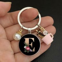 New charm enamel pen holder teacher's day gift keychain simple black A-Z letter pattern glass cabochon keychain pearl keychain