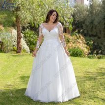 LAYOUT NICEB Plus Size Lace Wedding Dress 2026 Bride Long Sleeves A-Line Tulle Robes De Mariée Woman Applique V-Neck Bridal Gown