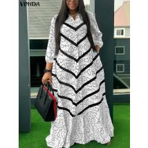 VONDA Plus Size Ruffled Women Bohemian Vestidos Autumn Long Maxi Robe Print Party Elegant 3/4 Sleeve Casual Loose Dress 5XL