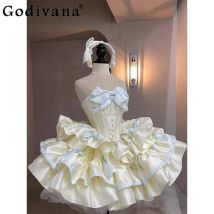 Französisches Promi-Stil, Teeparty-Prinzessin, trägerloses Kleid, süßes Slim-Fit-Geburtstagskleid, elegante ärmellose Lolita-Kleider für Damen