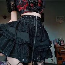 Gonna a vita alta vintage punk da donna con cerniera frontale Stile giapponese Kawaii Nero Harajuku Gothic Skater Cosplay Minigonne