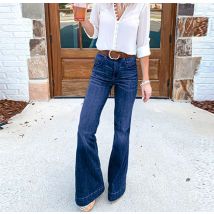 Damen Frühjahr und Herbst Mode dünne hoch taillierte mikro elastische Jeans mit weitem Bein einfarbige Temperament leicht ausgestellte Jeans