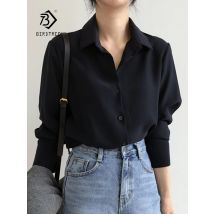 Neu eingetroffene Damen-Bluse aus einfarbigem schwarzem Chiffon, langärmliges Freizeithemd, schicke Oberteile im koreanischen BF-Stil für Damen, Feminina Blusa