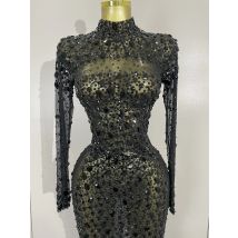 Luxury Sparkling Black Crystal Feathers Long Sleeve Sheer Maxi Dress Women Wedding Celebrate Birthday Party Prom Gown Stage Wear