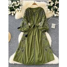 Bohemian Retro Ethnic Style Dress Women's New Spring Autumn Embroidered Lace Up Lantern Sleeves Waist Cinching Long Dress A155