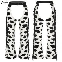 Pantalones de franela con patrón de manchas de vaca para hombre, Chaps de vaquero occidental, disfraz de Halloween, borla lateral, cintura ajustable, pantalones con entrepierna abierta