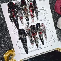 Gothic Dark Red Press On Nails With Metal Spiders Rhinestones 3D Casket Multiple Sizes
