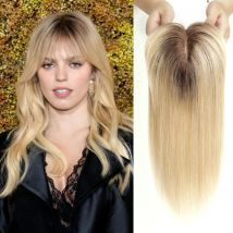 Ombre Braun Blonde 14 Zoll Remy Echthaar Topper Perücken mit Pony Seidenbasis Clip Stücke in Haarverlängerung Topper Haar für Frauen