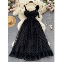 Elegantes schwarzes langes Kleid Sommer Frauen Mesh Tüll Tupfen Spitze Party kleider Damen schlanke A-Linie Vintage Maxi kleid Vestidos
