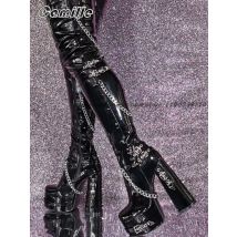 Punk-Stil, Metallkette, seitlicher Reißverschluss, klobiger Absatz, Oberschenkelstiefel, runde Zehen, Plattform, Freizeitstiefel, Größe 36–47, coole Mädchen-Modren-Stiefel