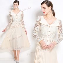 Sommer Herbst Stickerei Formale Abendkleider Frauen Aushöhlen Volle Hülse Spitze Chiffon Lange Kleid Dame Plissee Party Vestidos