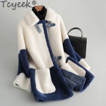 Tcyeek 100 % Wolljacke, modischer Schaf-Lammfell-Mantel, Damen-Winterjacken für Damen, mittellanger Korn-Wollmantel, Casaco feminino